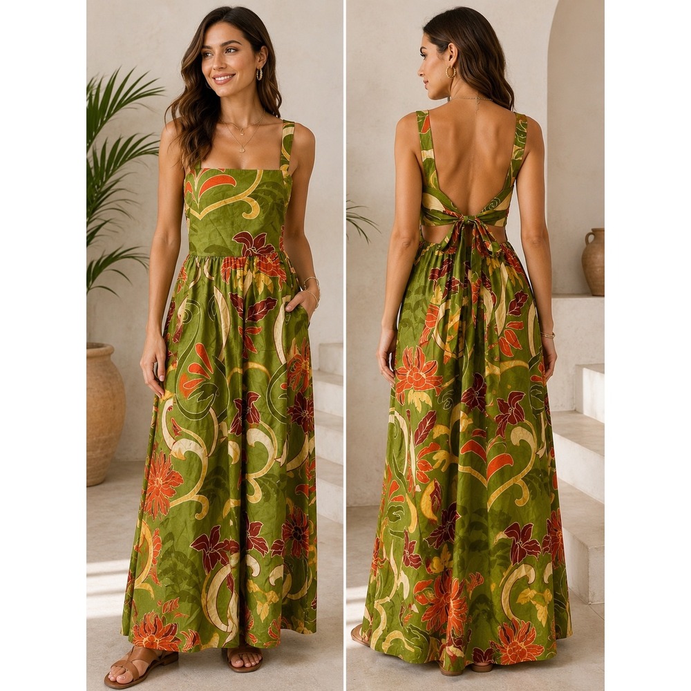 Zara Green Floral Print Cotton Maxi Dress Open Tie Back Sleeveless 2183/010 M